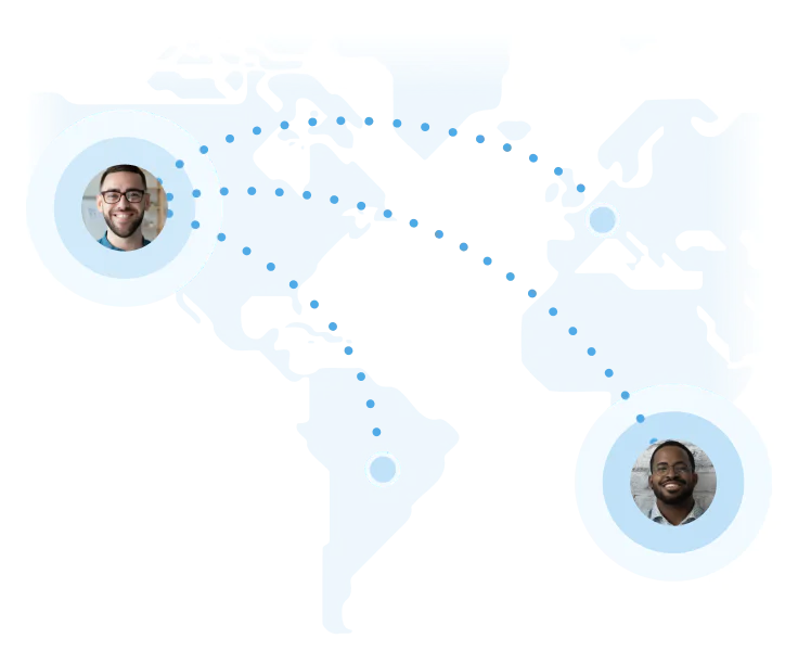 Two people highlighted on a world map indicating different locations.